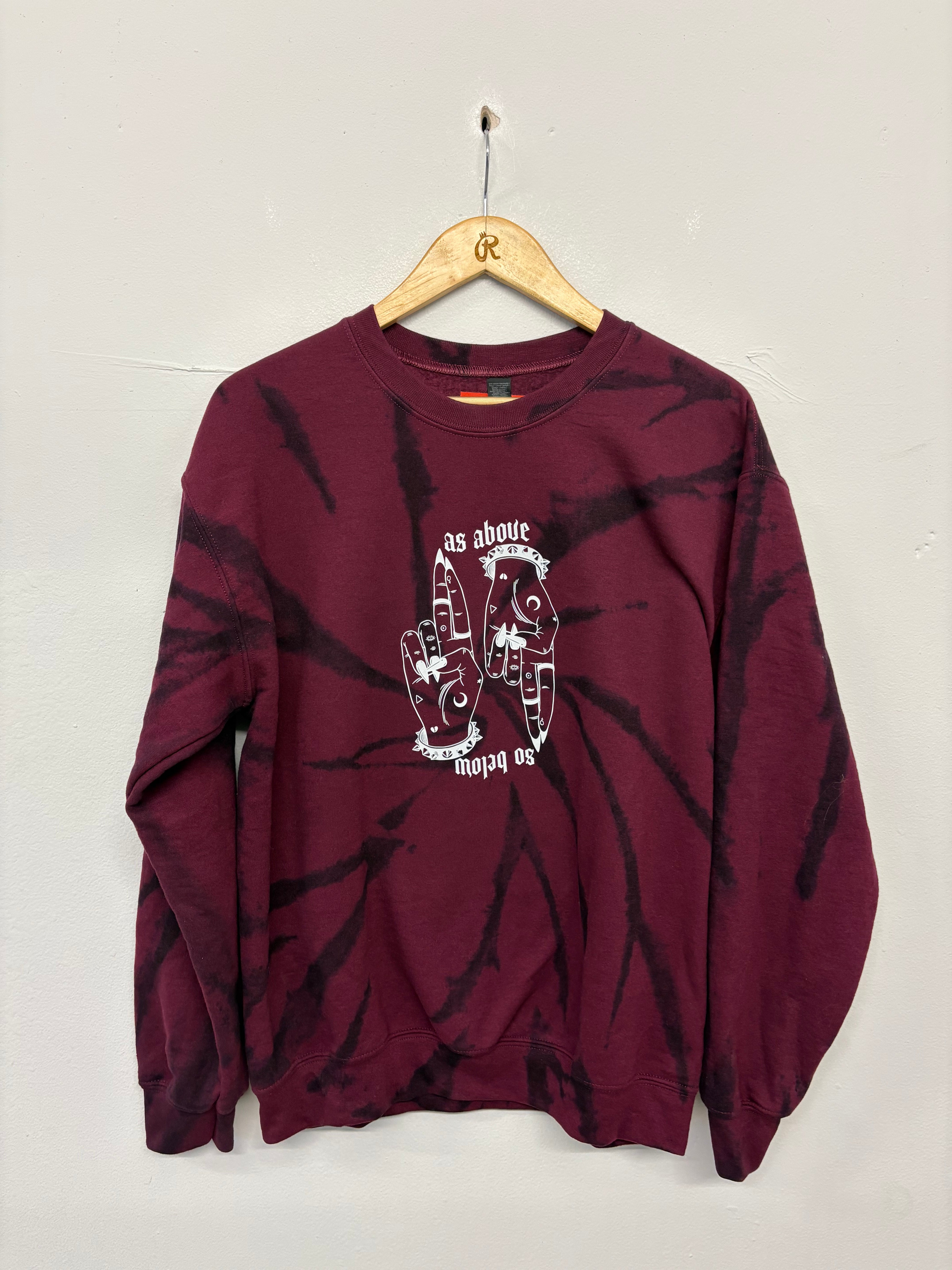 SALE  SWEAT TYE DYE BURGUNDY SPIRAL AS ABOVE SO BELOW MEDIUM