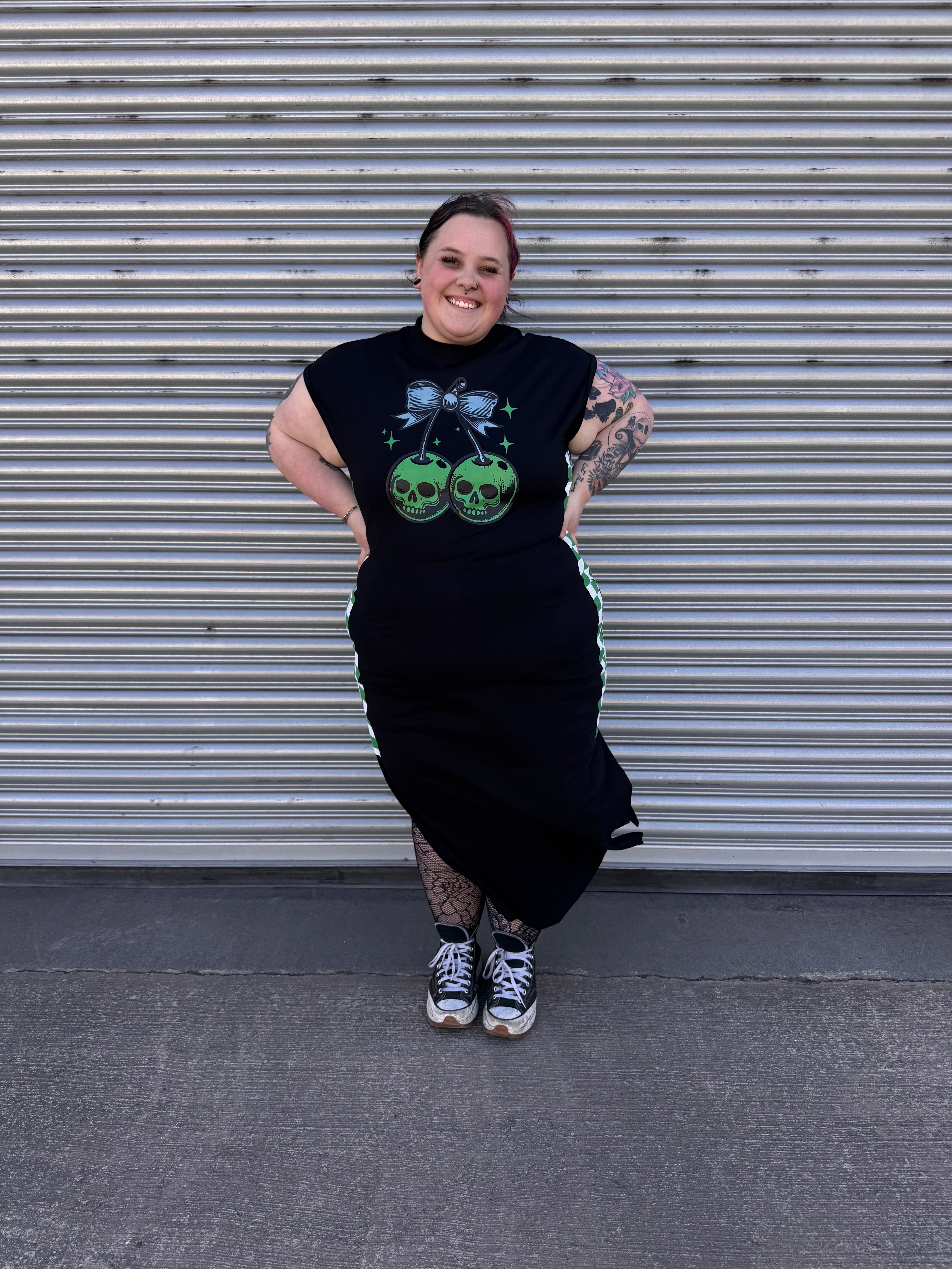 GREEN CHECK LONG T-SHIRT DRESS