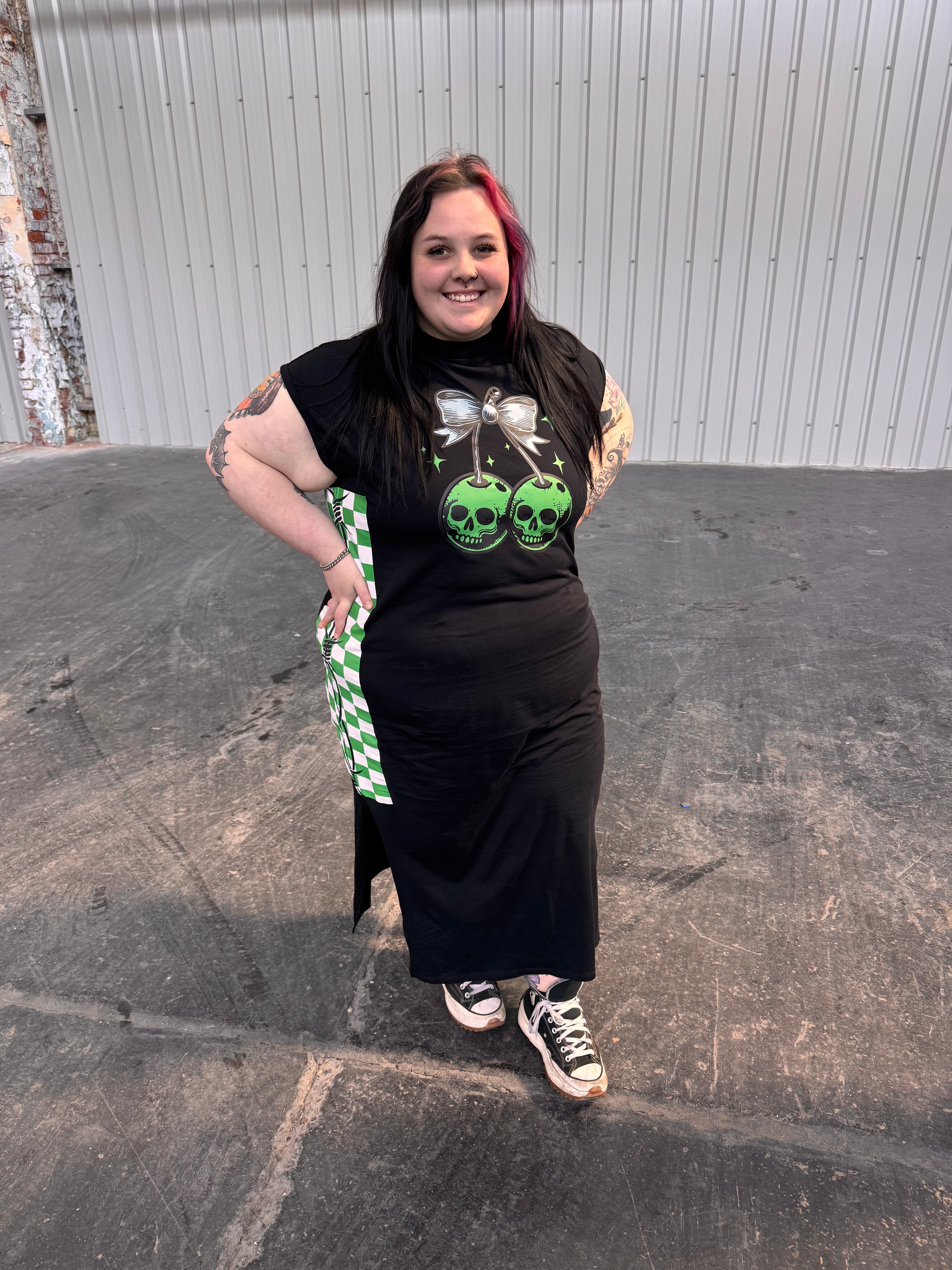 GREEN CHECK LONG T-SHIRT DRESS