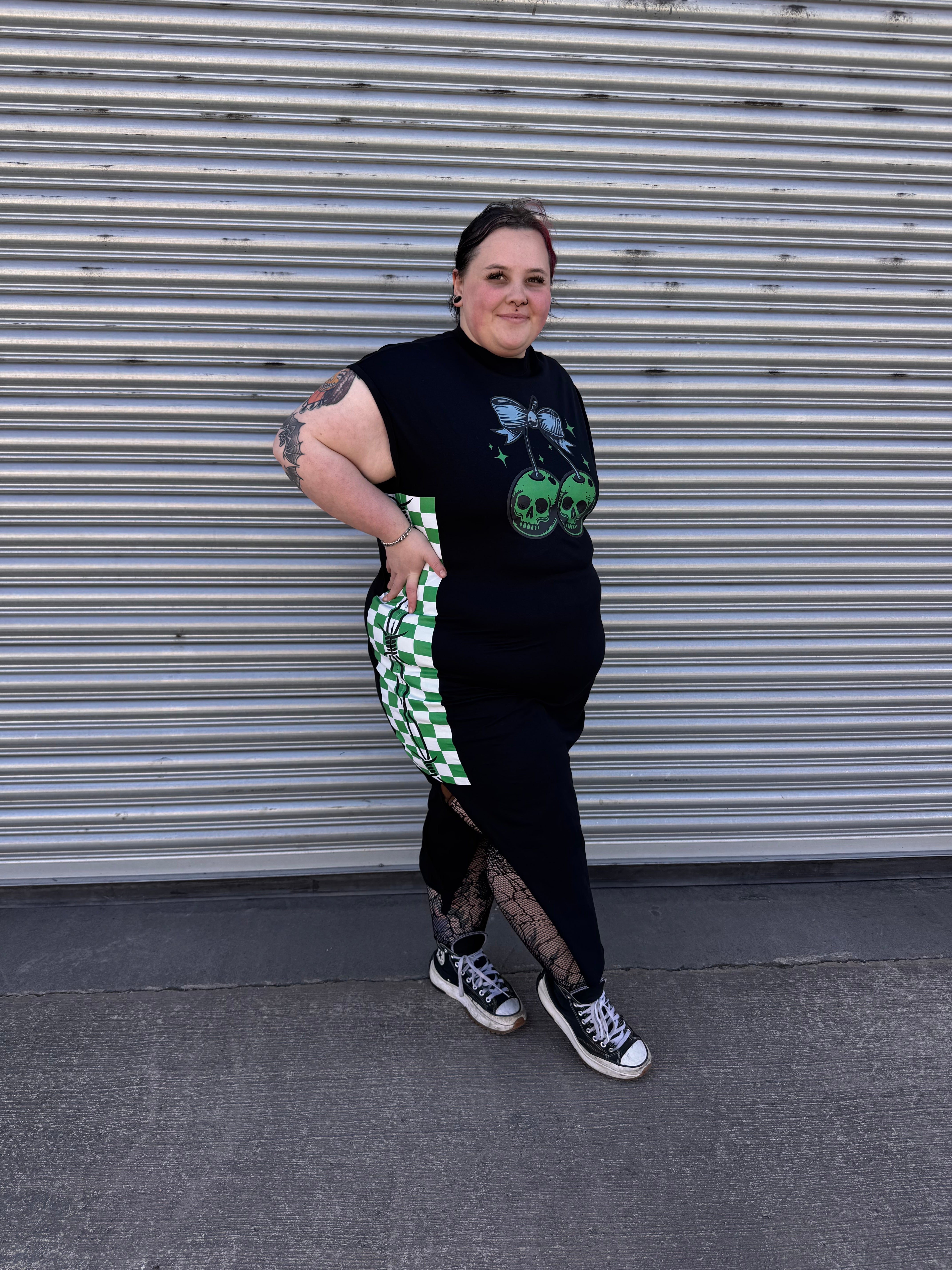 GREEN CHECK LONG T-SHIRT DRESS