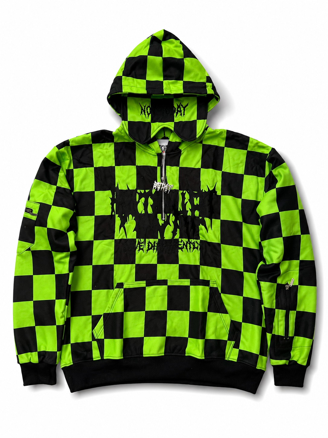Not Today Hoodie Black & Green Checker (built in eye mask, 5 pockets, thumbholes, heavyweight)