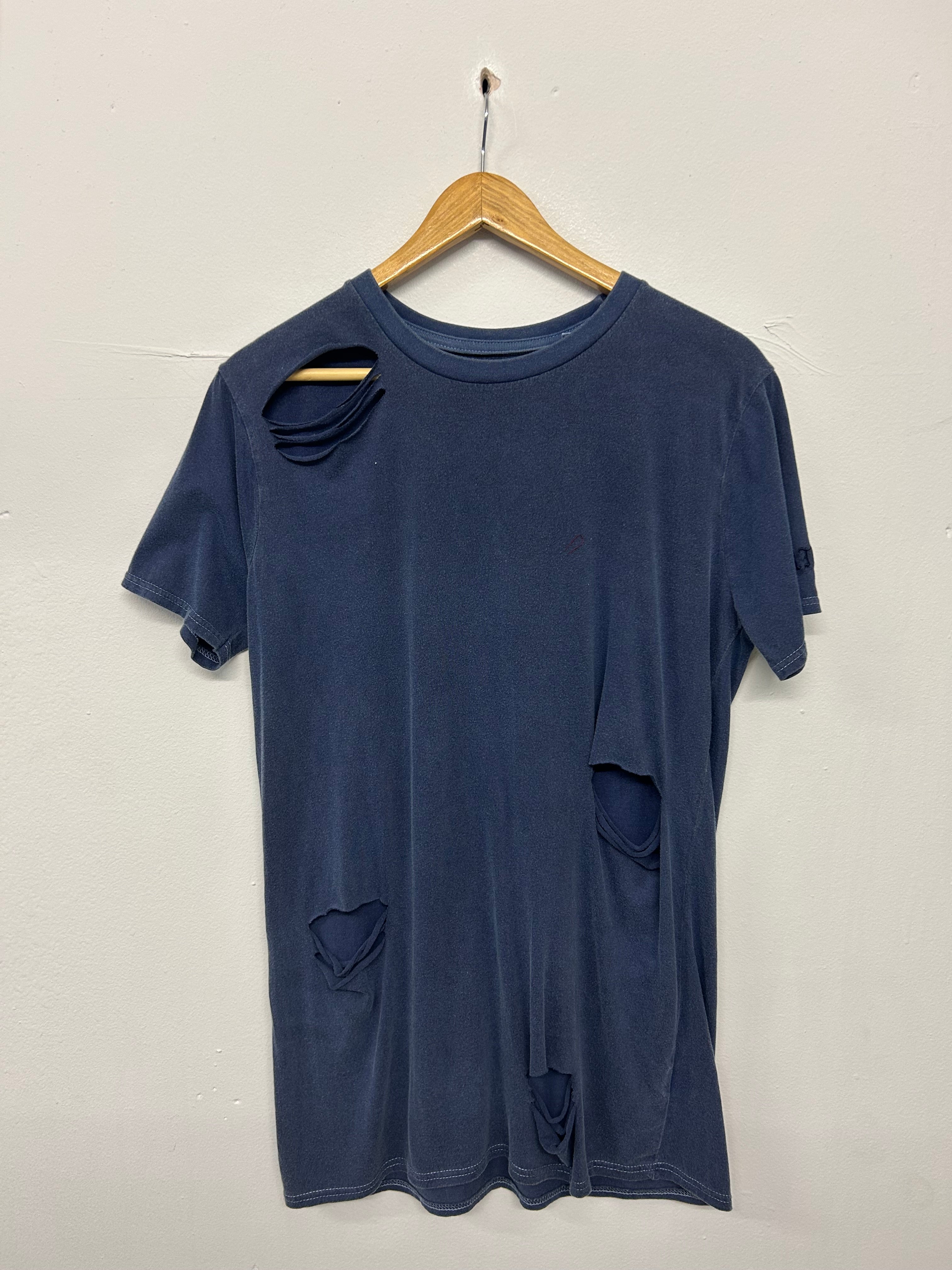 SALE TAN & NAVY DISTRESSED LONG LINE TEE X-SMALL