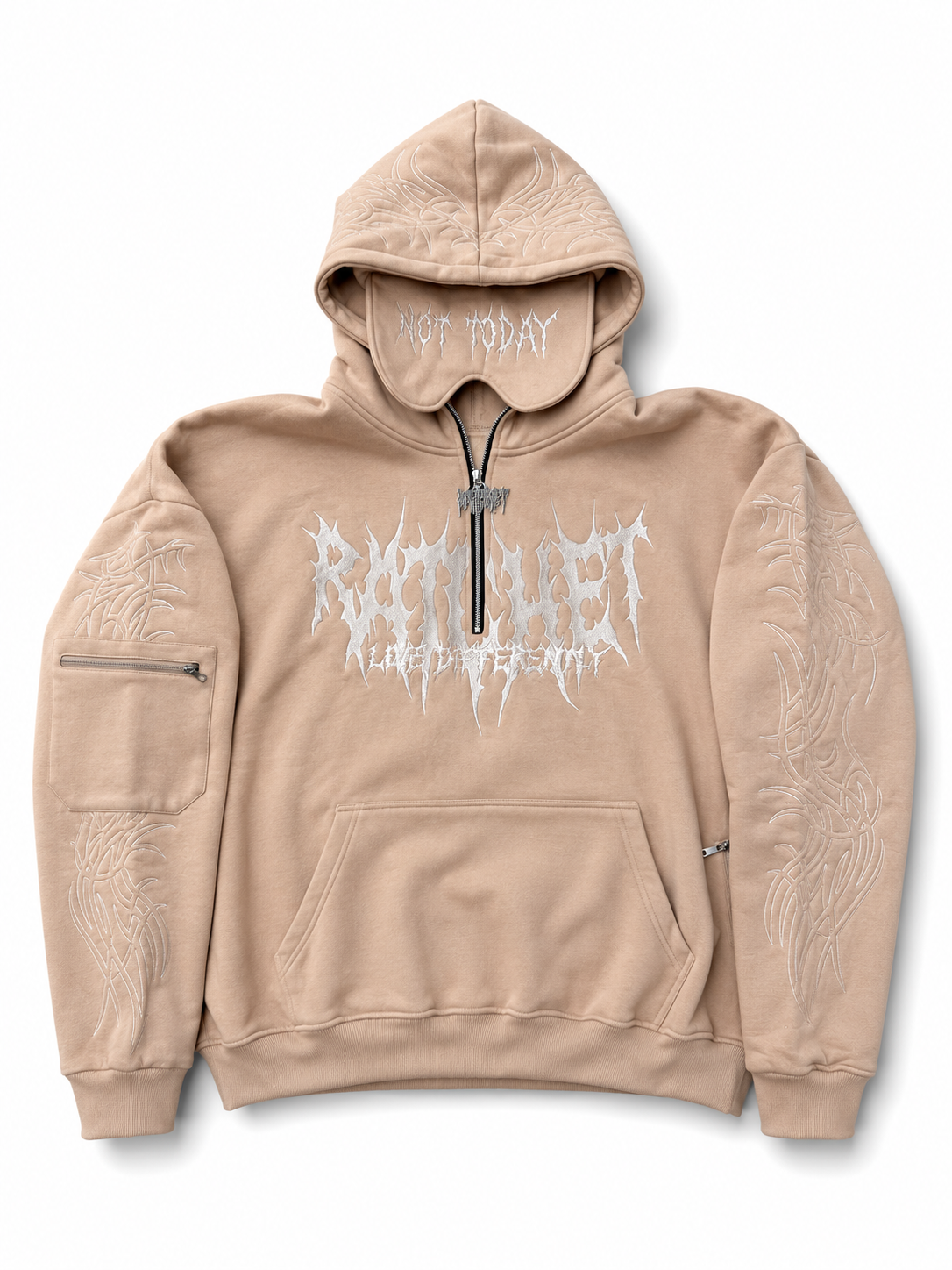 Not Today Hoodie Sand (built in eye mask, 5 pockets, thumbholes, heavyweight)