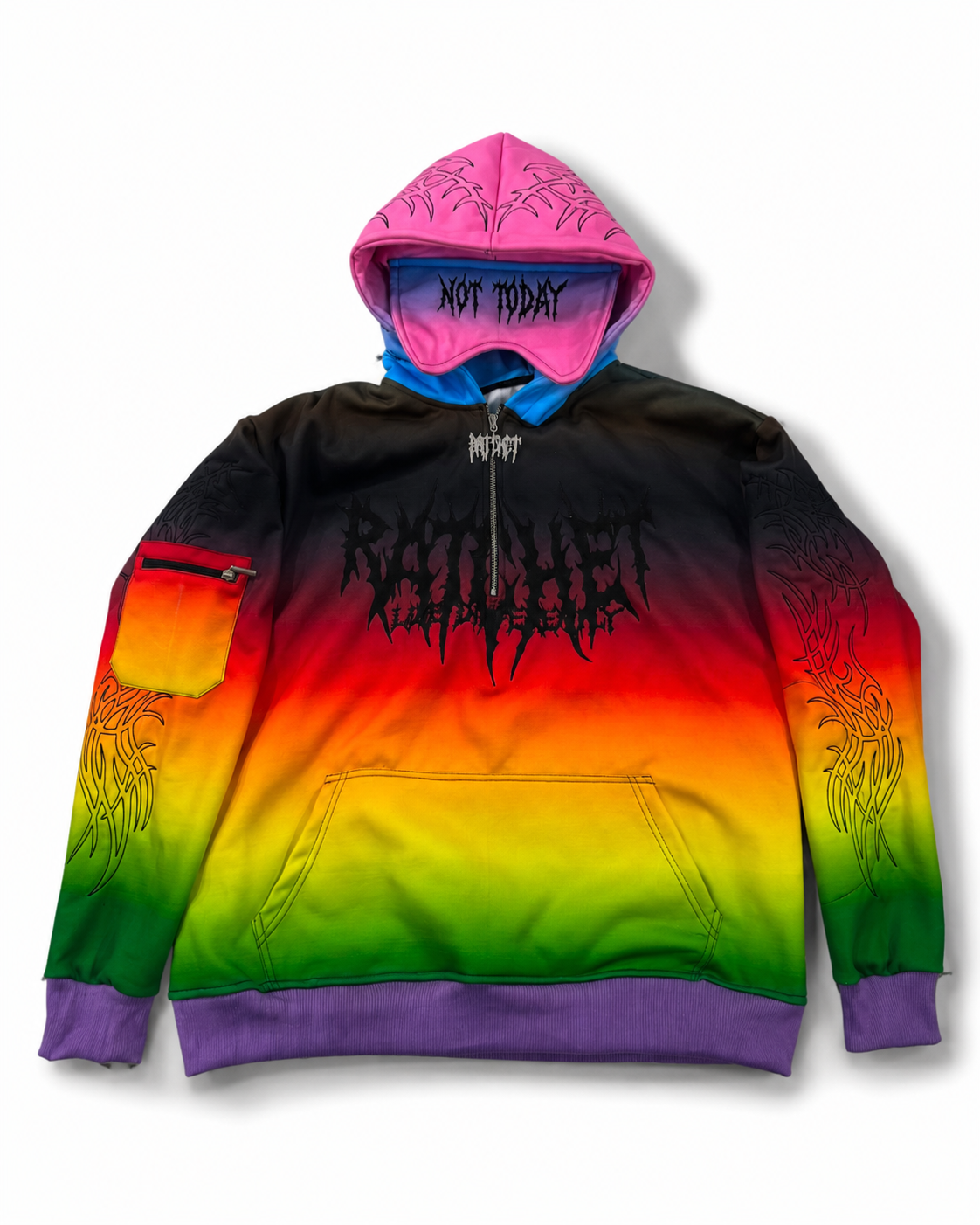 Not Today Hoodie Rainbow Pride (built in eye mask, 5 pockets, thumbholes, heavyweight)