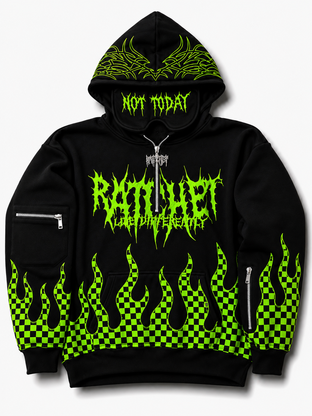 Not Today Hoodie Green Flame Checker (built in eye mask, 5 pockets, thumbholes, heavyweight) pre order shipping end of September