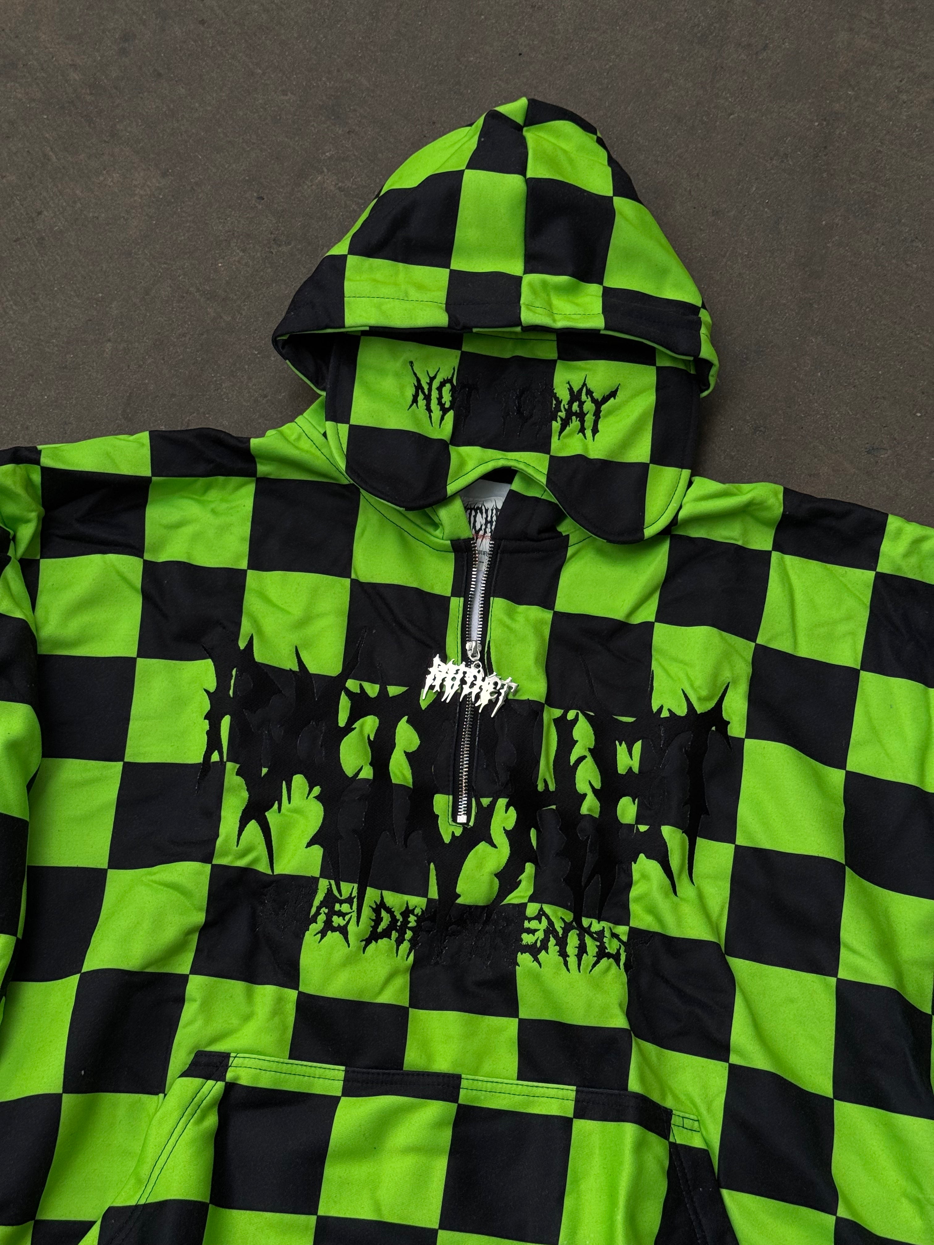 Not Today Hoodie Black & Green Checker (built in eye mask, 5 pockets, thumbholes, heavyweight)