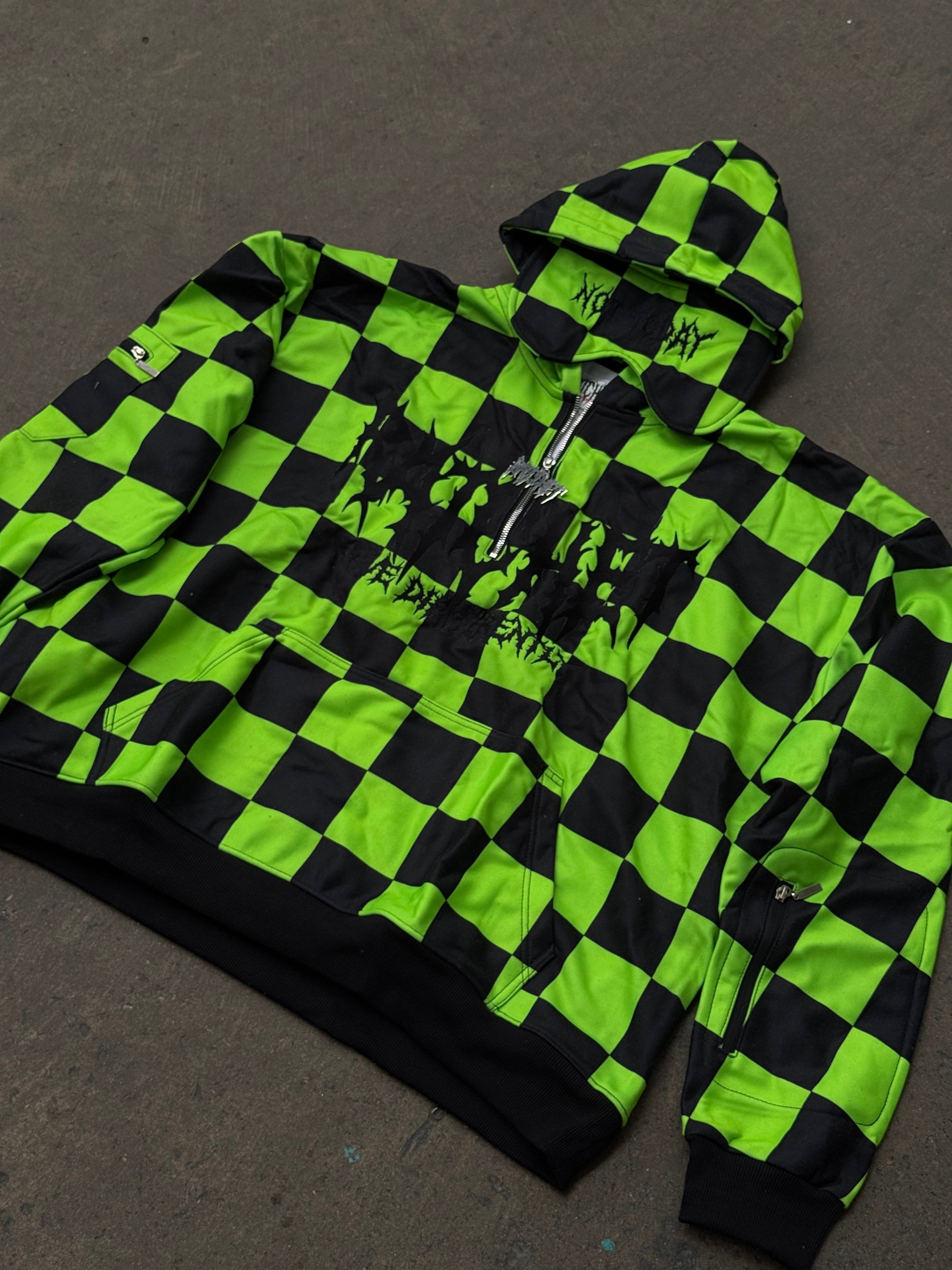 Not Today Hoodie Black & Green Checker (built in eye mask, 5 pockets, thumbholes, heavyweight)
