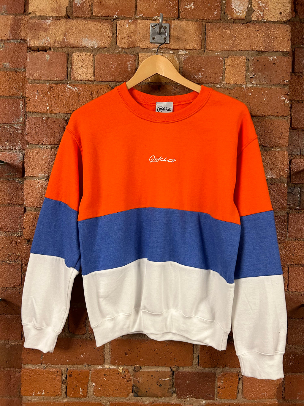 SALE ADULTS White, Orange & Blue Panel Sweatshirt small