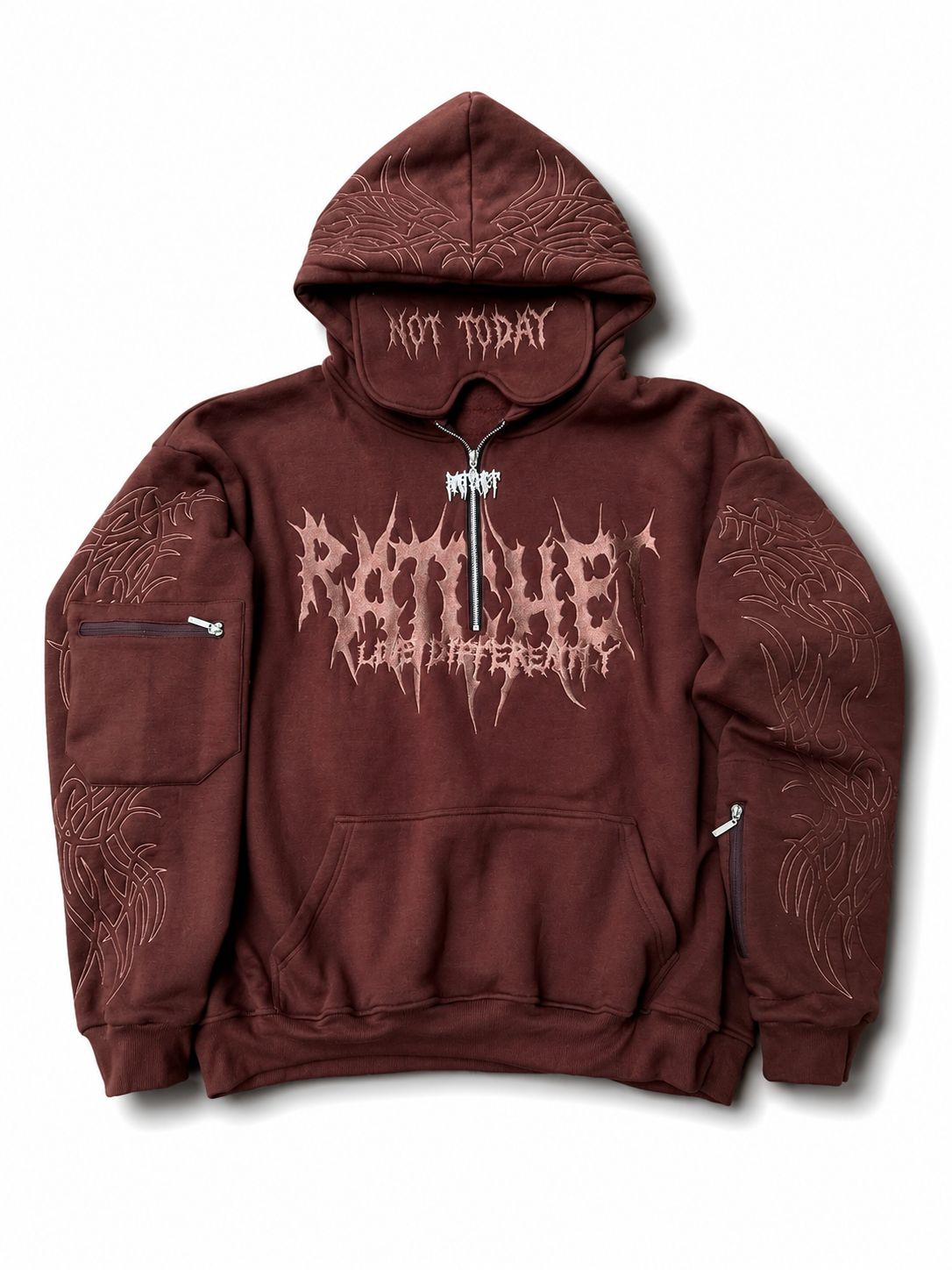 Not Today Hoodie Chocolate (built in eye mask, 5 pockets, thumbholes, heavyweight)