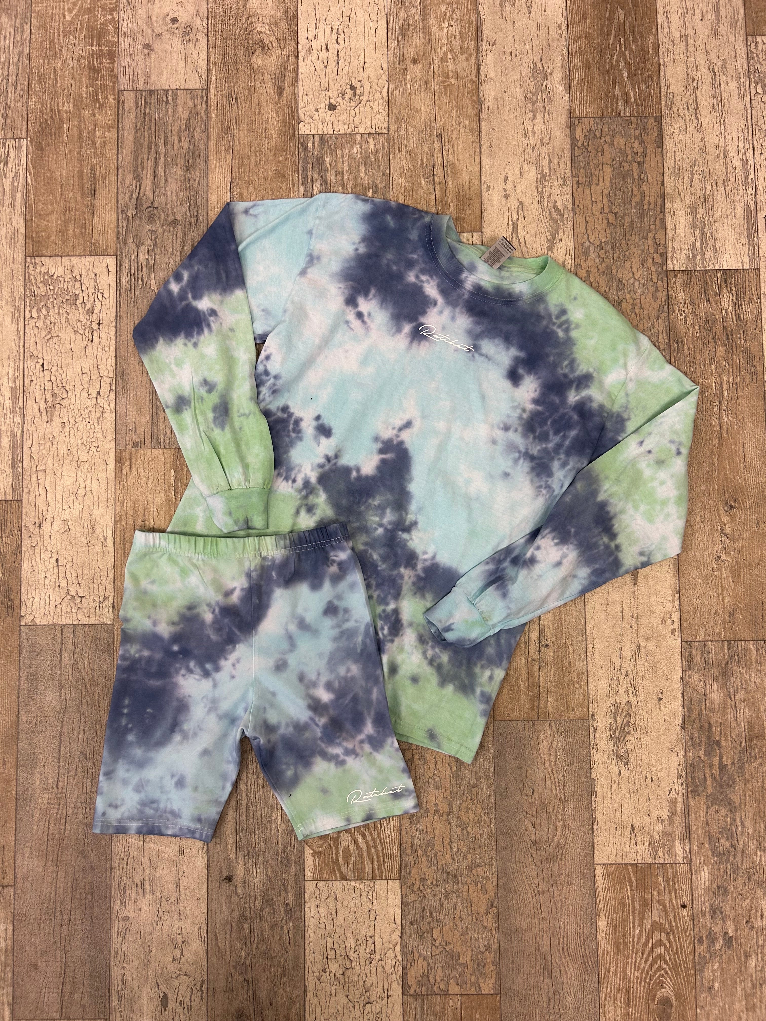 SALE LONG SLEEVE TEE & CYCLE SHORTS COMBO GREEN/NAVY/BABY BLUE