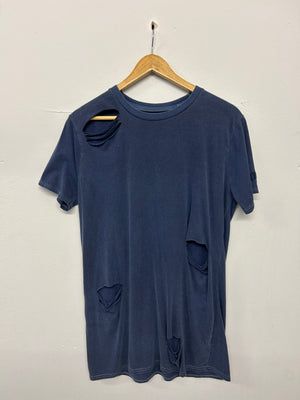 SALE TAN & NAVY DISTRESSED LONG LINE  TEE X-SMALL