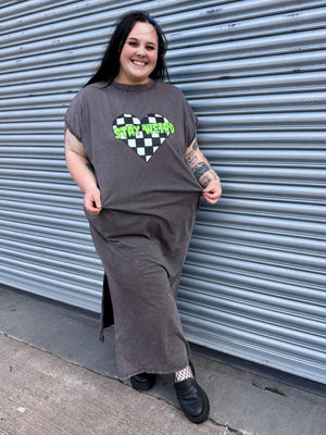 Acid Wash Stay Weird Grey Long Cobweb T-shirt Dress