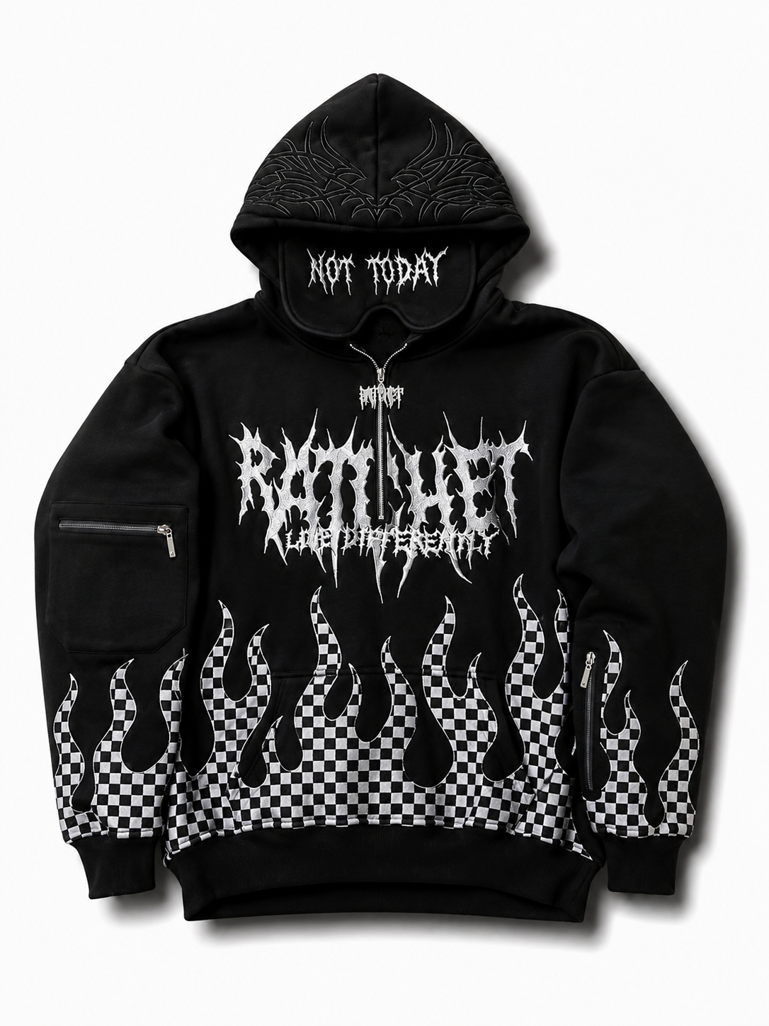 Not Today Hoodie White Flame Checker (built in eye mask, 5 pockets, thumbholes, heavyweight) pre order shipping end of September