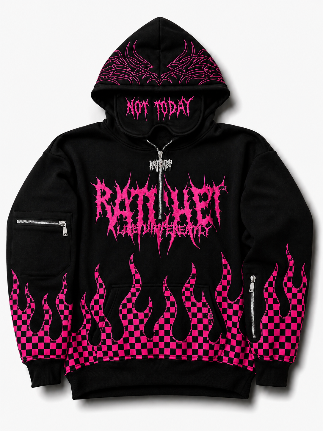 Not Today Hoodie Pink Flame Checker (built in eye mask, 5 pockets, thumbholes, heavyweight) pre order shipping end of September
