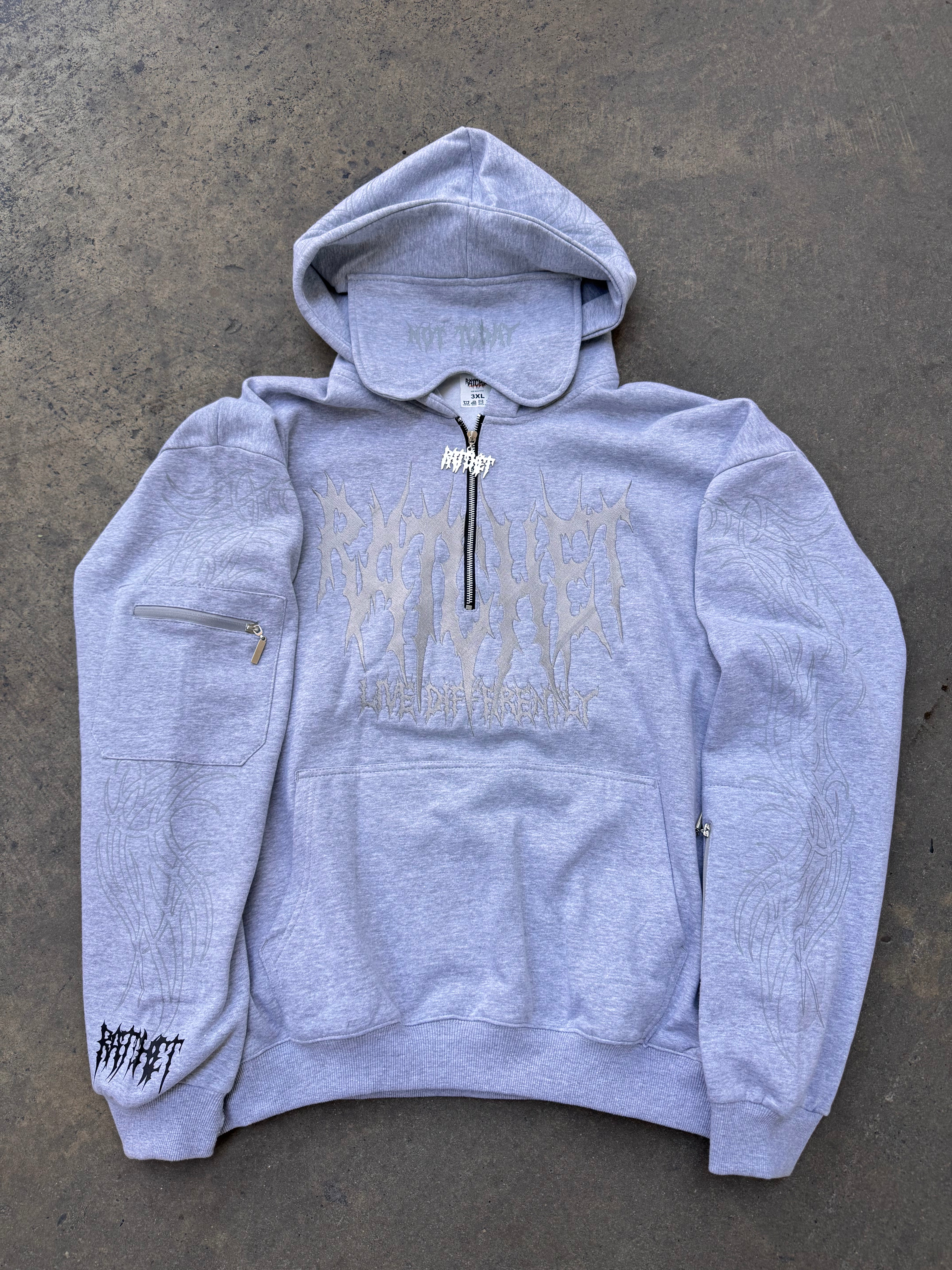 Not Today Hoodie Grey (built in eye mask, 5 pockets, thumbholes, heavyweight)