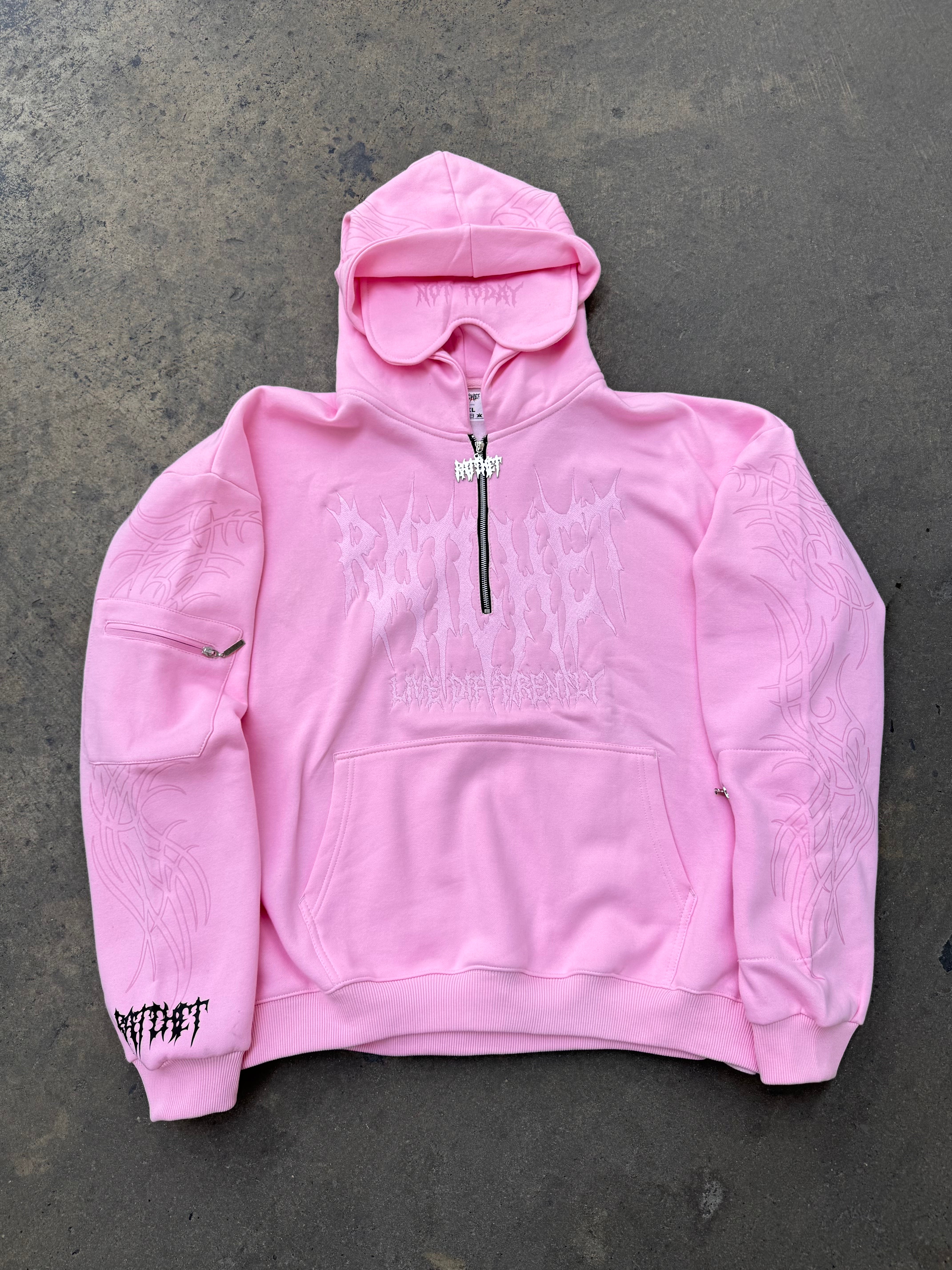 Not Today Hoodie Baby Pink (built in eye mask, 5 pockets, thumbholes, heavyweight)