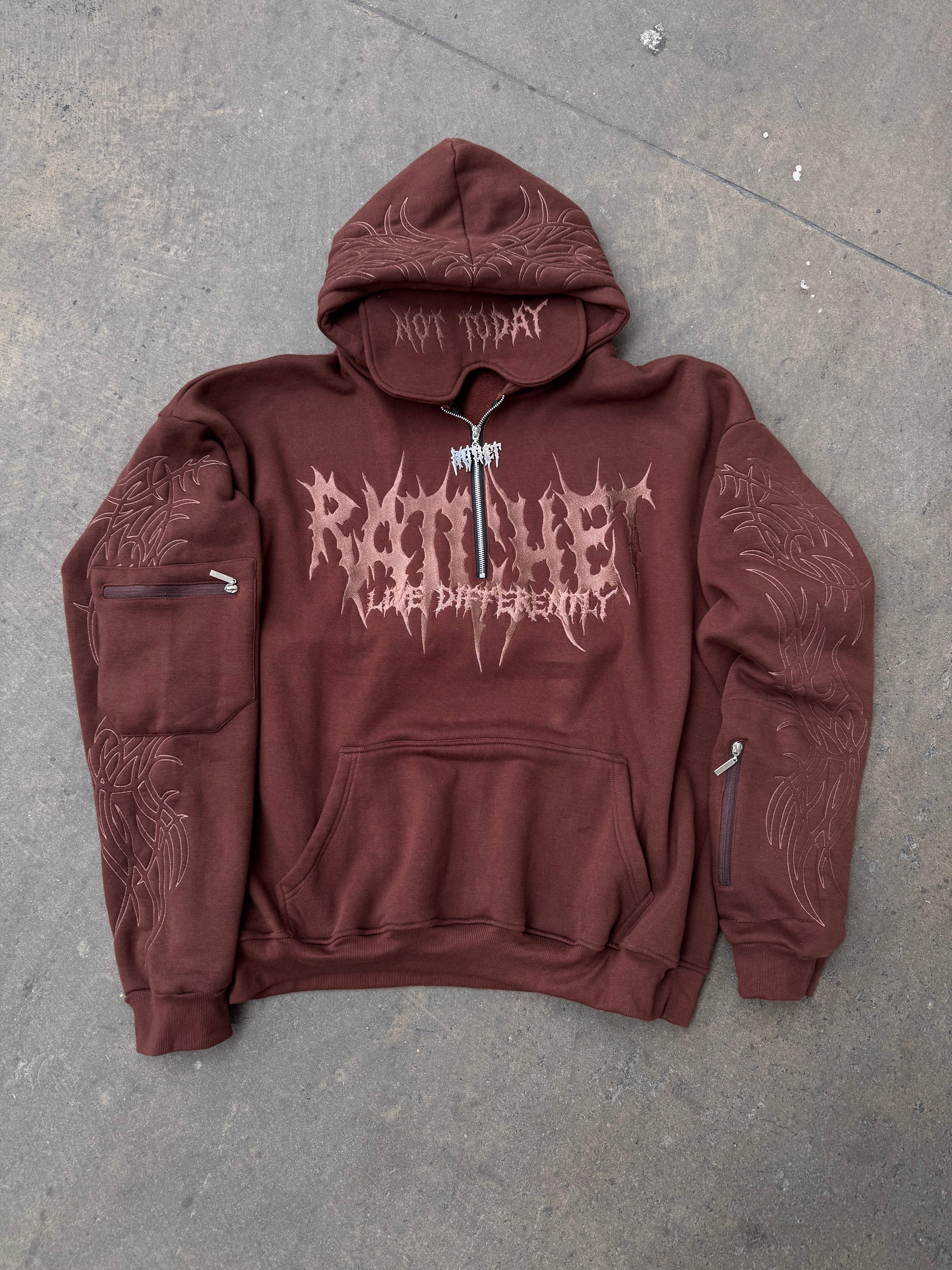Not Today Hoodie Chocolate (built in eye mask, 5 pockets, thumbholes, heavyweight)