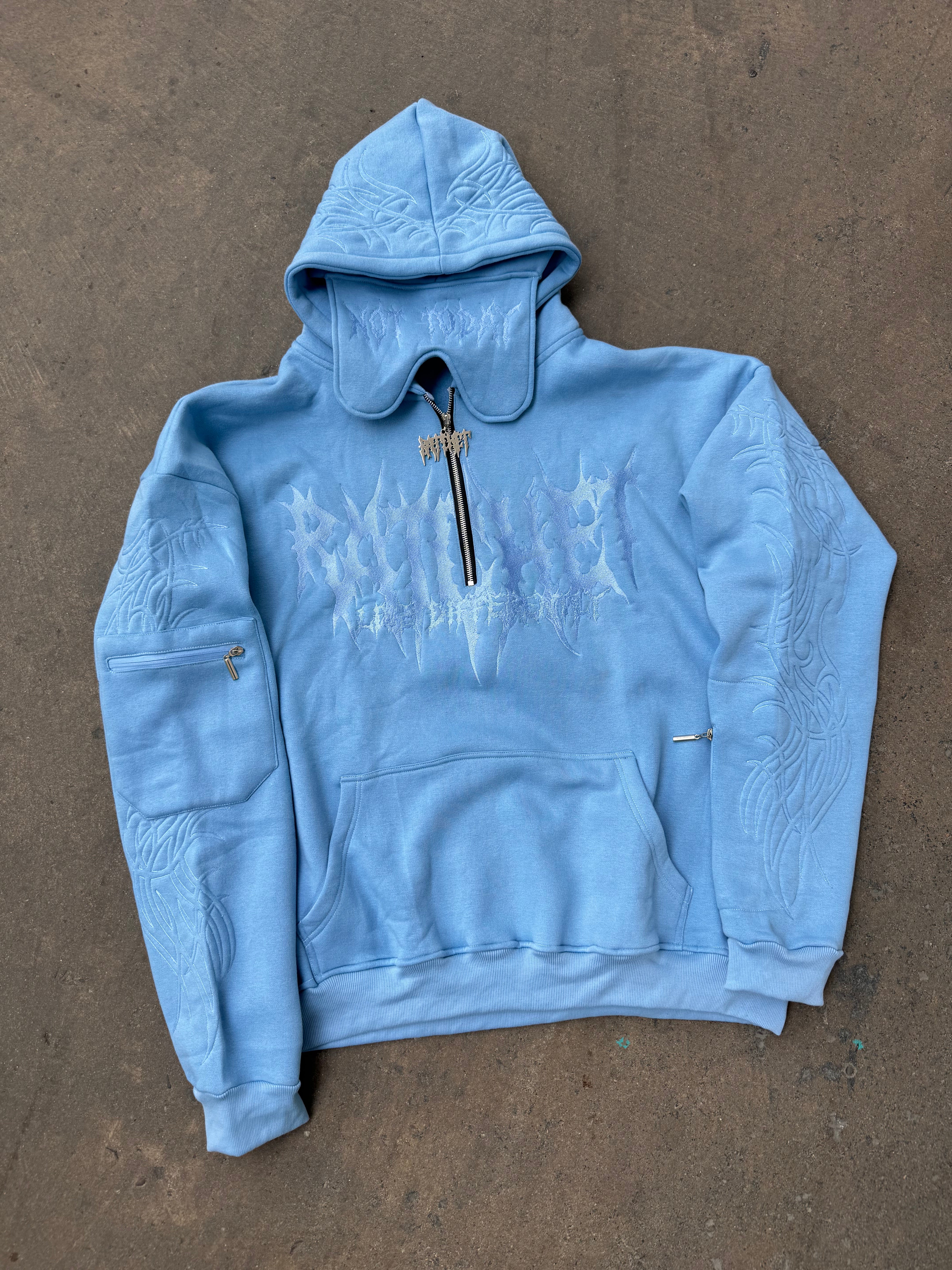 Not Today Hoodie Blue (built in eye mask, 5 pockets, thumbholes, heavyweight)