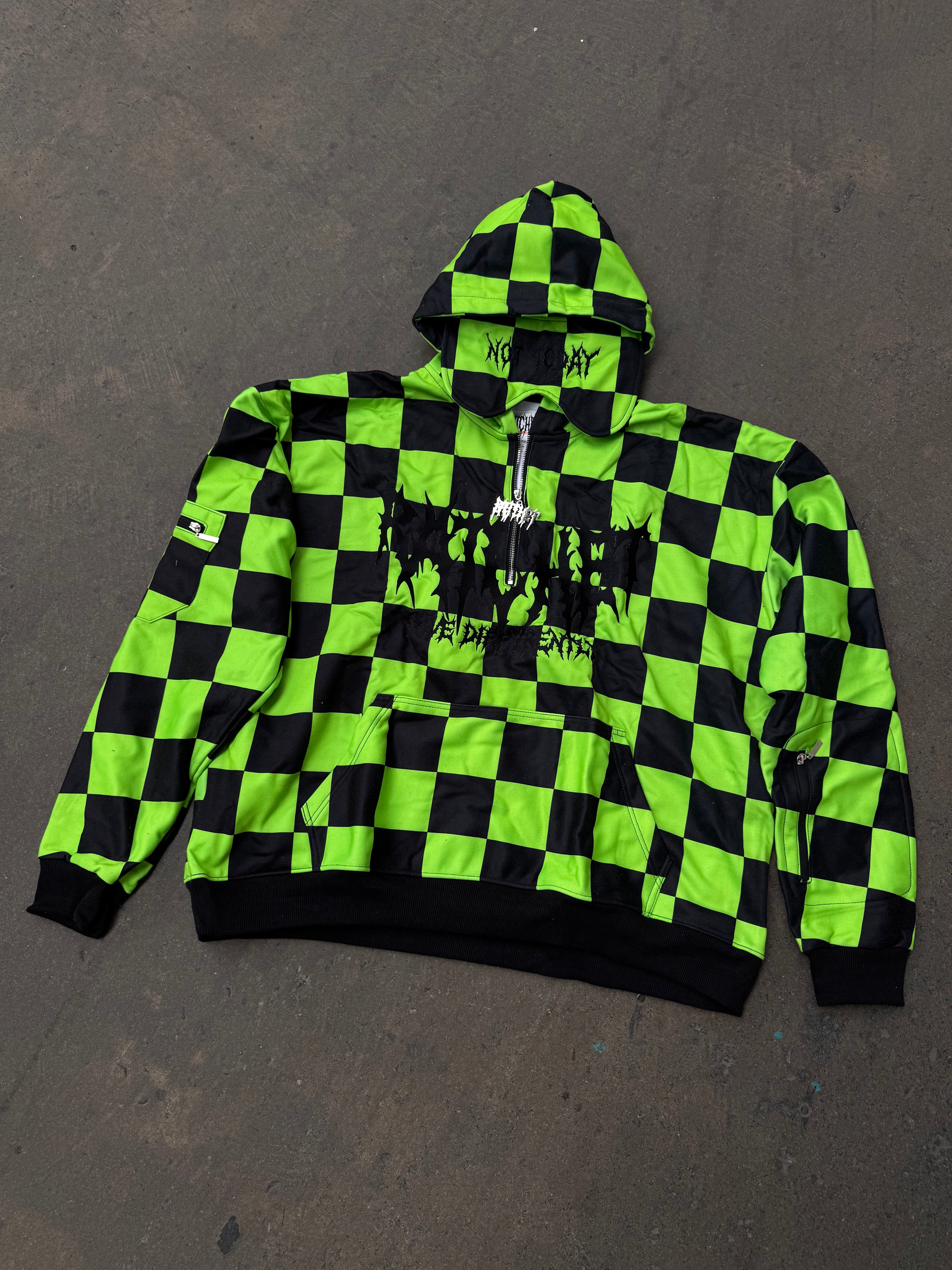 Not Today Hoodie Black & Green Checker (built in eye mask, 5 pockets, thumbholes, heavyweight)