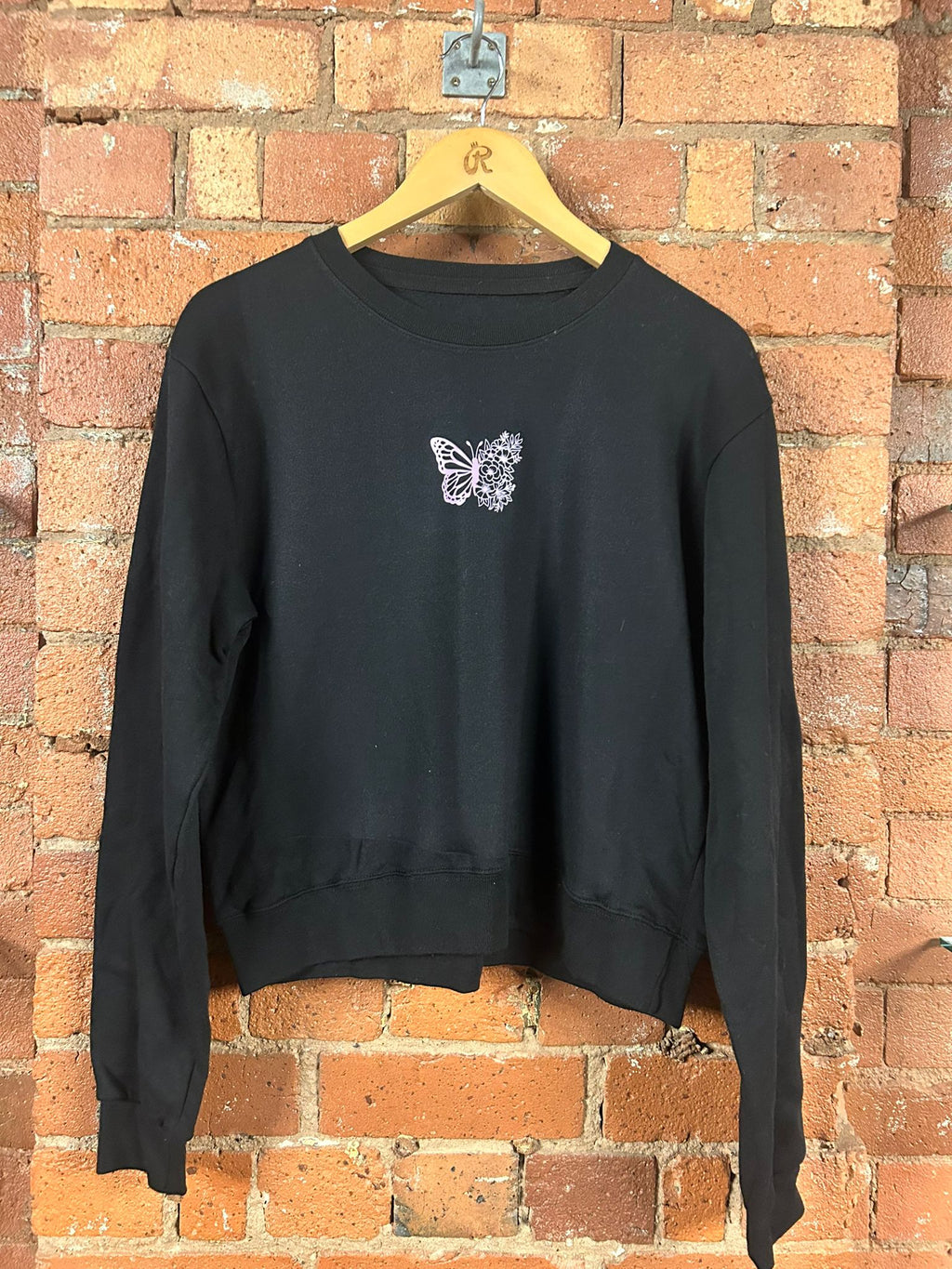 SALE Adult Medium Black Butterfly Print Cropped Sweatshirt